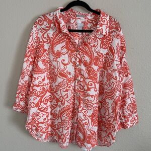 Chicos No Iron 4 2XL Coral Linen Paisley Button Up Blouse Preppy Beach Light